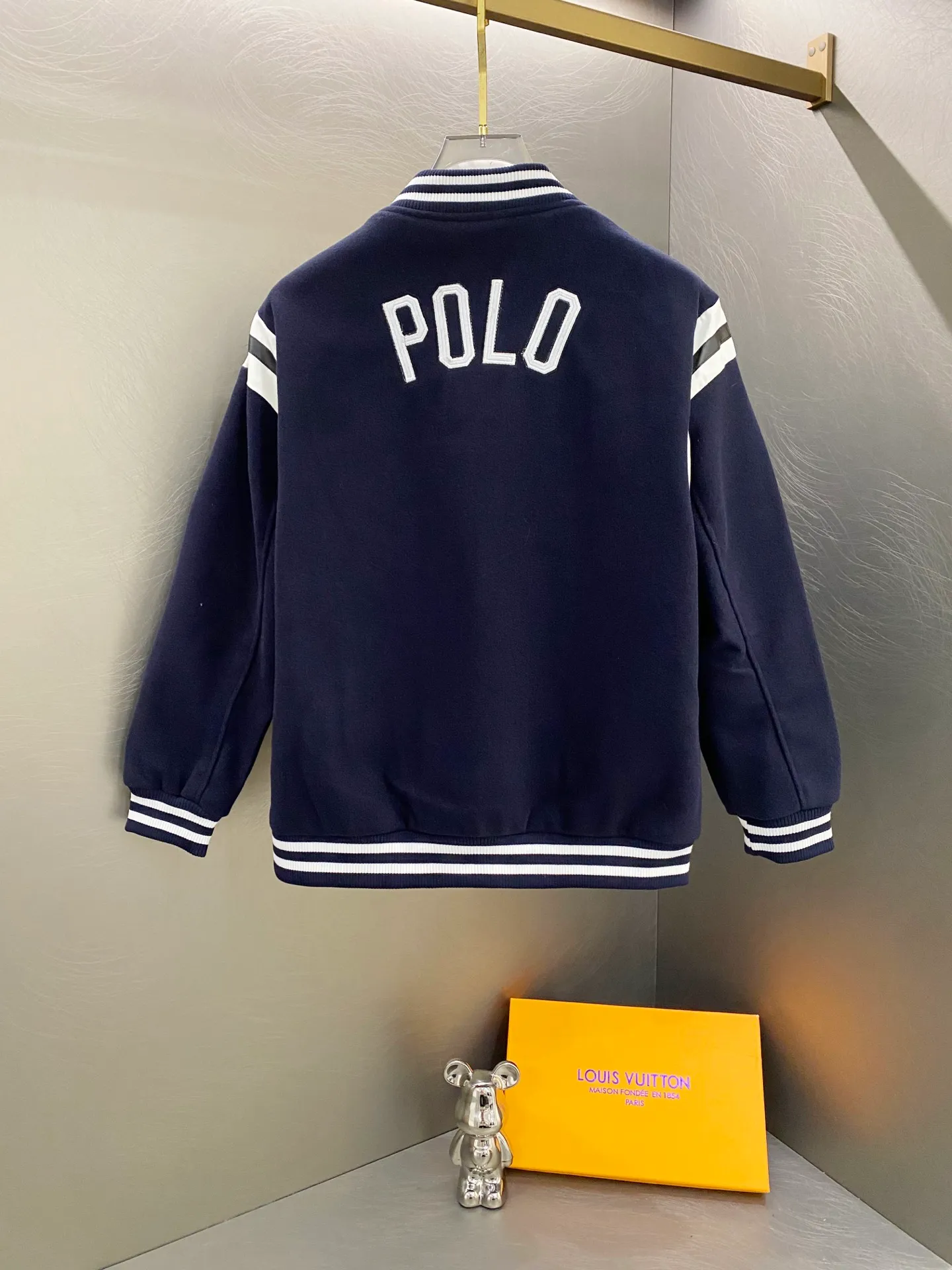 P300 Ralph Lauren Pony Embroidered American Retro Wool Spliced ​​Leather Baseball Jacket with Big Logo on the Back Color: Navy Size: m-XL